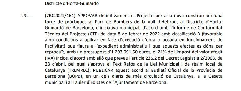 Texto de la comisión de gobierno sobre la nueva torre de bomberos del Vall d'Hebron / AYUNTAMIENTO DE BARCELONA