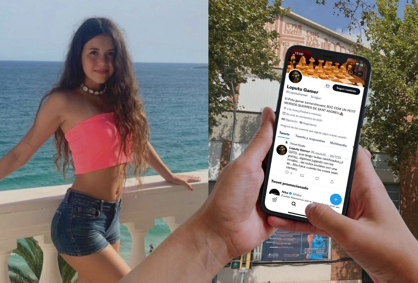 Fotomontaje de Kira López con el colegio Manyanet y una de las cuentas acusadas de acoso cibernético / METRÓPOLI