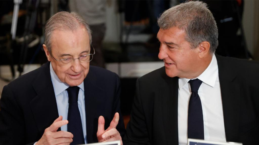 Joan Laporta y Florentino Pérez, en un acto de la UEFA
