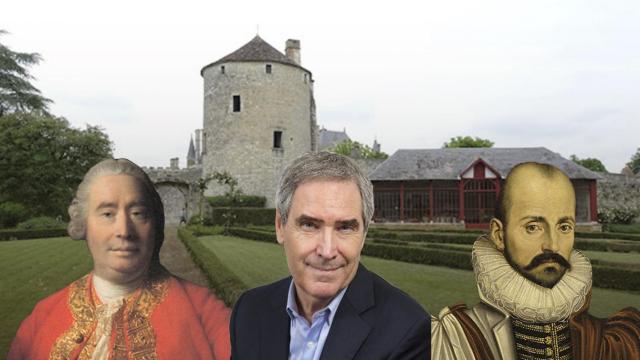 David Hume, Michael Ignatieff y Michel Montaigne, con el Castillo del autor de los 'Ensayos' de fondo