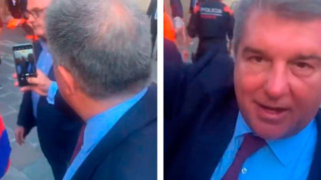 Joan Laporta, cogiendo el móvil de Culemanía antes de metérselo en el bolsillo / CULEMANÍA