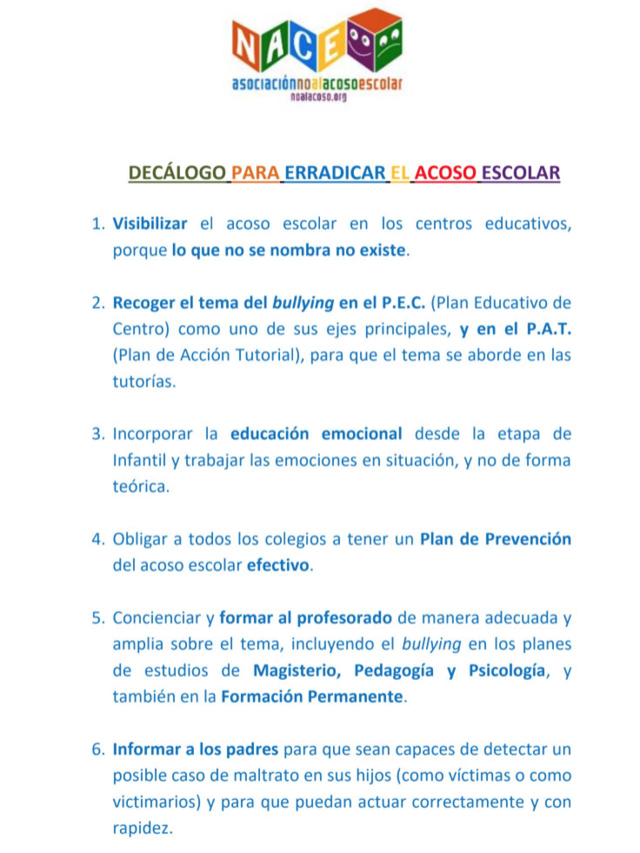 Decálogo contra el acoso escolar