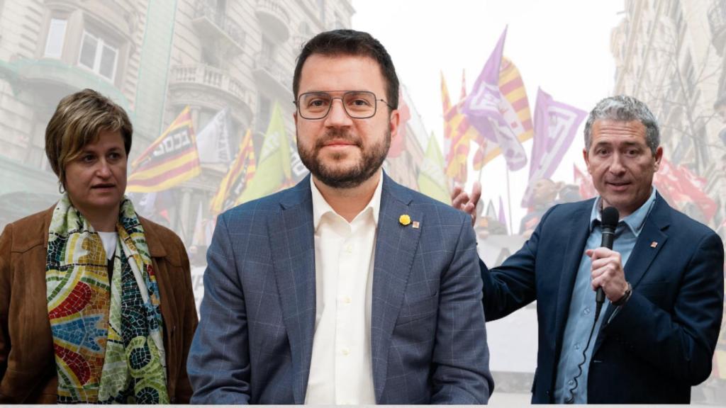 La nueva consejera de Educación, Anna Simó, junto al presidente de la Generalitat, Pere Aragonès, y el exconsejero Josep Gonzàlez-Cambray