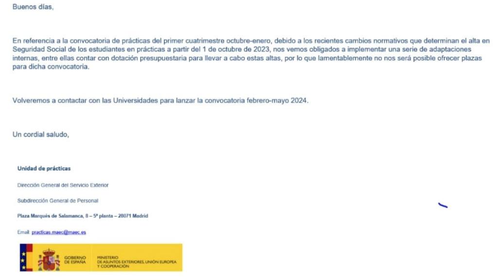 El Ministerio de Asuntos exteriores aplaza su convocatoria de plazas formativas