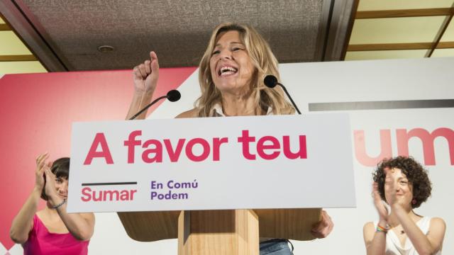 La vicepresidenta segunda y líder de Sumar, Yolanda Díaz, durante el mitin de Sumar-En Comú Podem en Girona