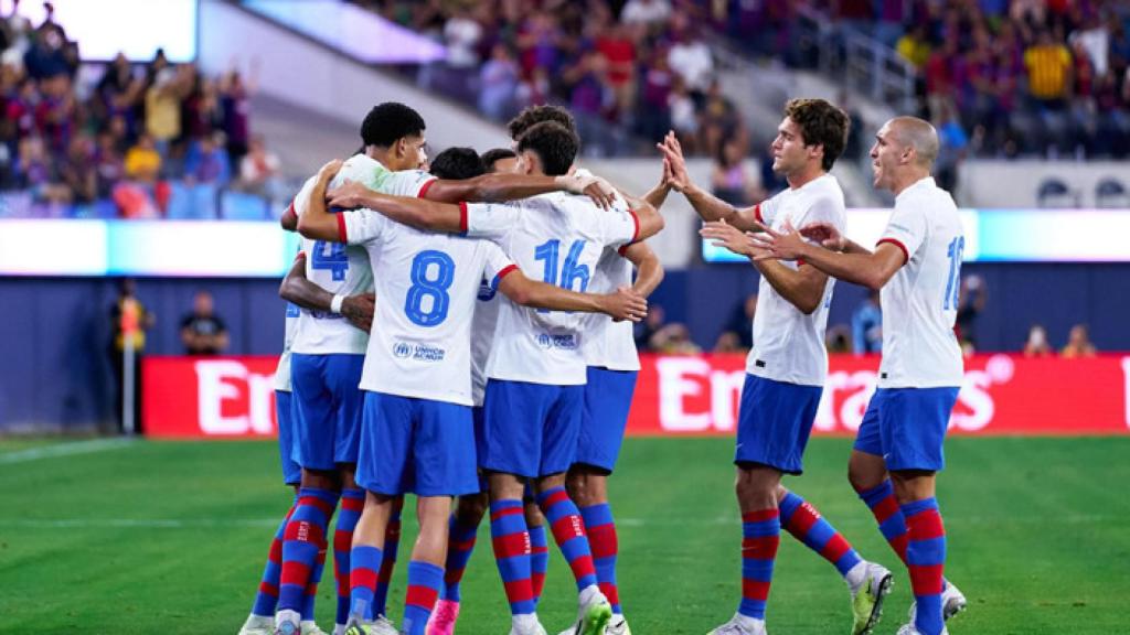 Los jugadores del Barça celebran uno de los goles anotados contra el Arsenal