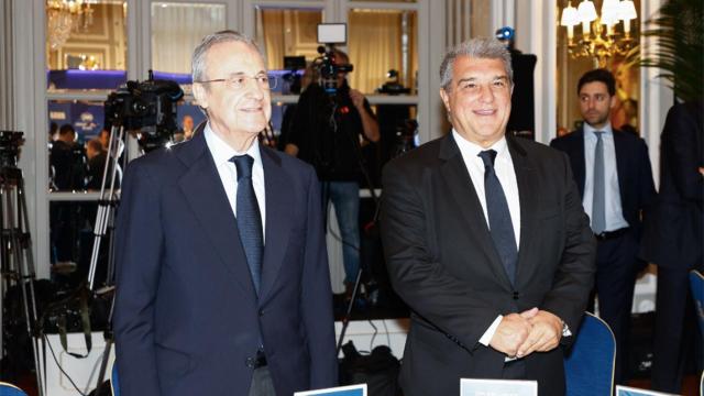 Joan Laporta y Florentino Pérez, durante un acto de la Superliga Europea