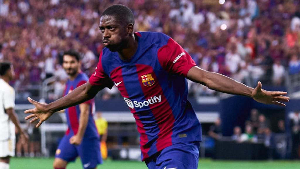 Ousmane Dembelé festeja su gol anotado contra el Real Madrid en Dallas