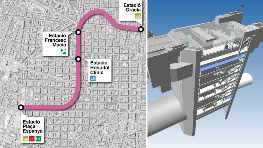 A la izquierda, futuro tramo de cuatro kilómetros de la L8 de Ferrocarrils; a la derecha, proyecto de la parada de Francesc Macià