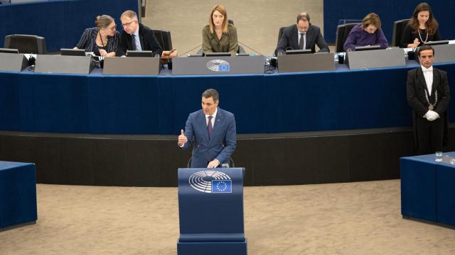 El presidente del Gobierno, Pedro Sánchez, comparece ante el Parlamento Europeo, a 13 de diciembre de 2023