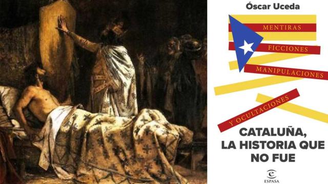 Recreación de la leyenda del origen de las cuatro barras de la 'senyera' catalana en un cuadro de Pau Béjar de 1892; a la derecha, portada del libro 'Cataluña, la Historia que no fue'