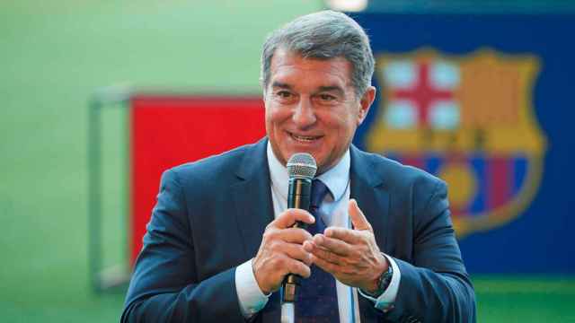 Joan Laporta, presidente del Barça, en la presentación de un fichaje