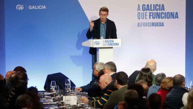 El presidente del Partido Popular, Alberto Núñez Feijóo, interviene durante una comida de campaña del Partido Popular