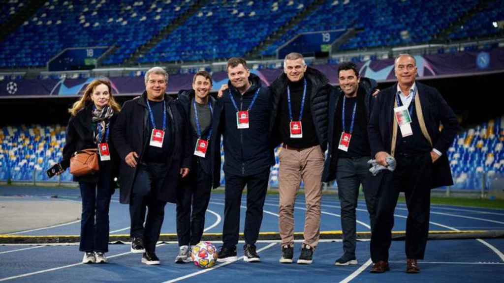 Laporta, Boja, Soler, Masip, Deco y Yuste, durante un partido del Barça en la Champions