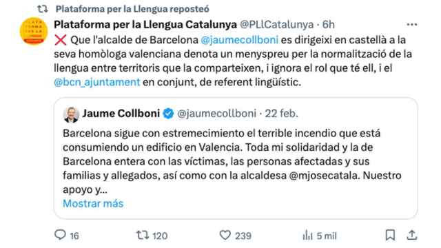 Plataforma per la Llengua, criticando que Collboni expresara sus condolencias por el incendio de Valencia en castellano