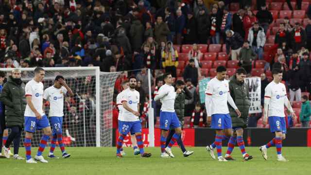 Los jugadores del Barça, en San Mamés