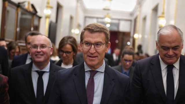 El presidente del Partido Popular, Alberto Núñez Feijóo (c), a su salida de una sesión plenaria, en el Congreso de los Diputados