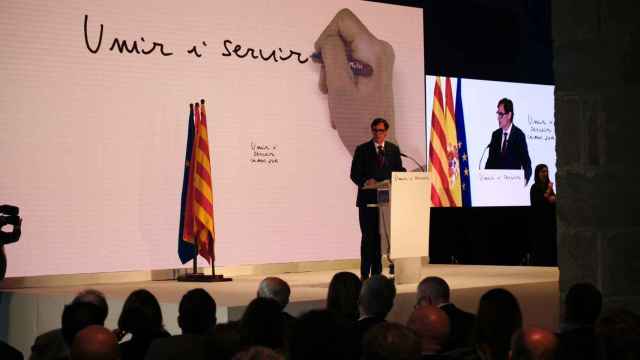 El candidato del PSC, Salvador Illa, en una conferencia en el Museo Marítimo de Barcelona