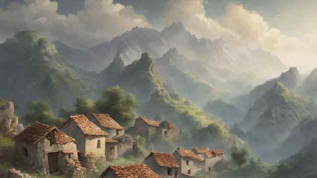 Pueblo abandonado con casas en ruinas generado con IA