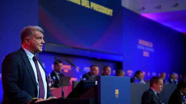 Joan Laporta, en una asamblea general ordinaria del Barça