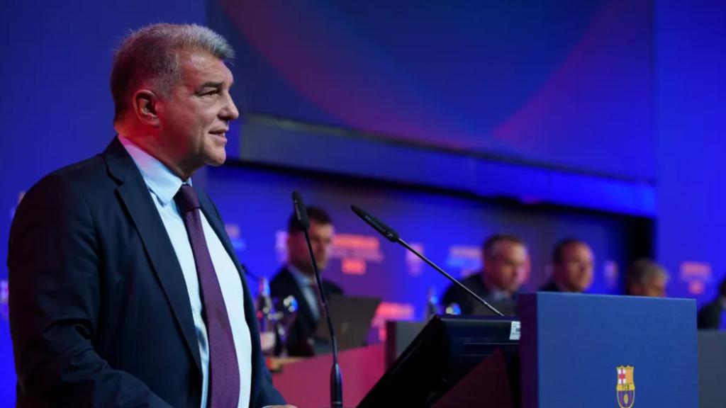 Joan Laporta, en una asamblea general ordinaria del Barça
