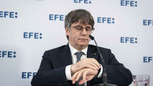 El prófugo de la justicia Carles Puigdemont (Junts), durante su participación en un acto de la agencia EFE