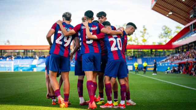 El Barça B celebra un gol en la victoria contra el Tarazona