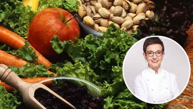 Fotomontaje de alimentos saludables y Carme Ruscalleda