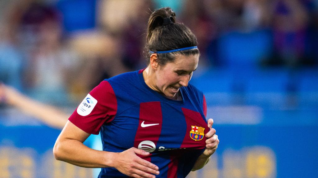 Mariona Caldentey festeja el gol anotado en su último partido en casa del Barça Femenino