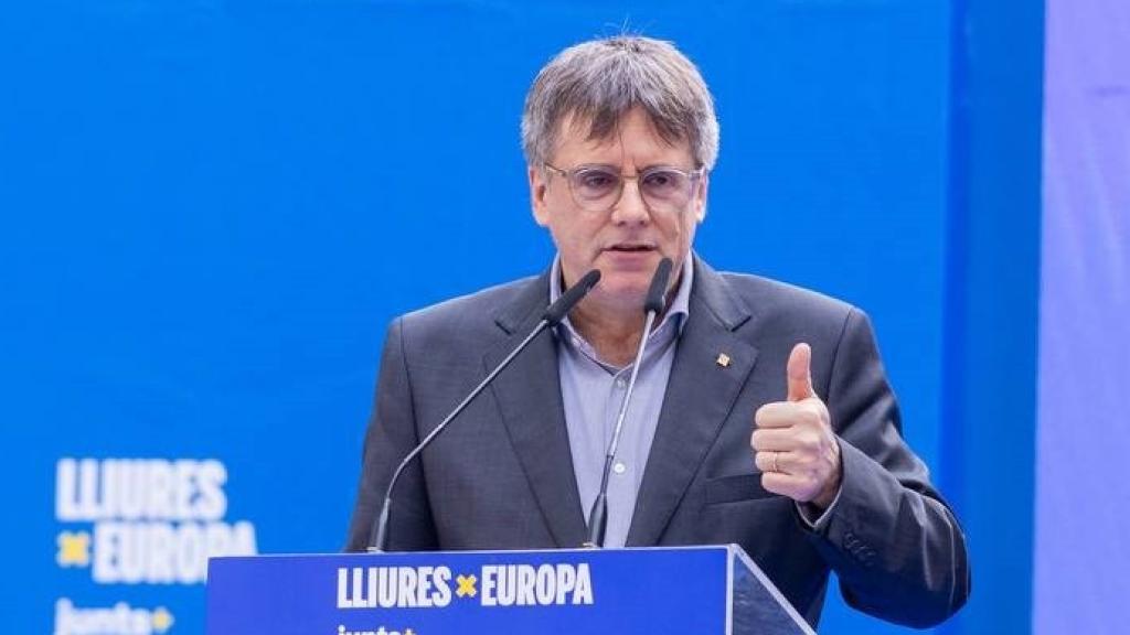 El expresidente de la Generalitat Carles Puigdemont en el mitin final de campaña de las elecciones europeas celebrado en Collioure (Francia)