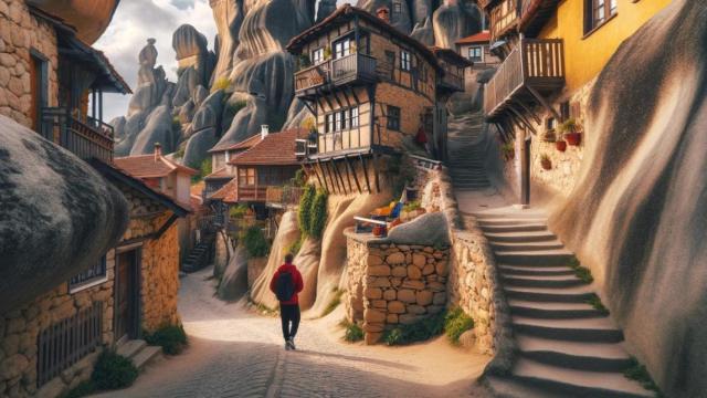 Pueblo entre rocas creado por IA