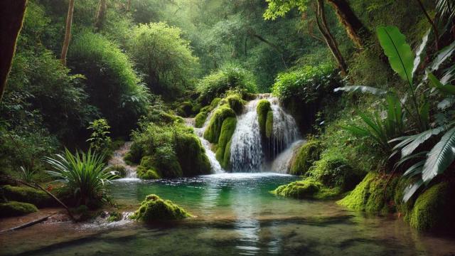 Cascada de agua en un pequeño bosque generado con IA