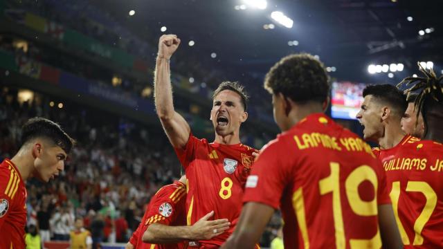 Los jugadores de España celebran el gol de Fabián