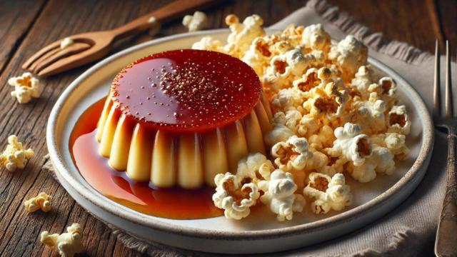 Flan acompañado de palomitas