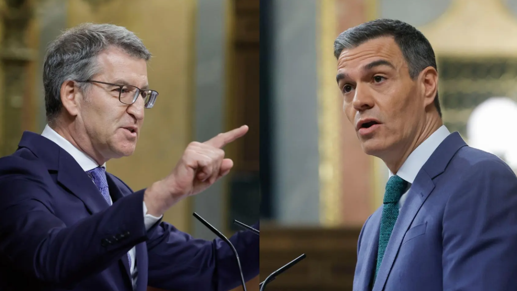 El presidente del Gobierno, Pedro Sánchez (d), y el líder de la oposición, Alberto Núñez Feijóo (i), en el Congreso de los Diputados
