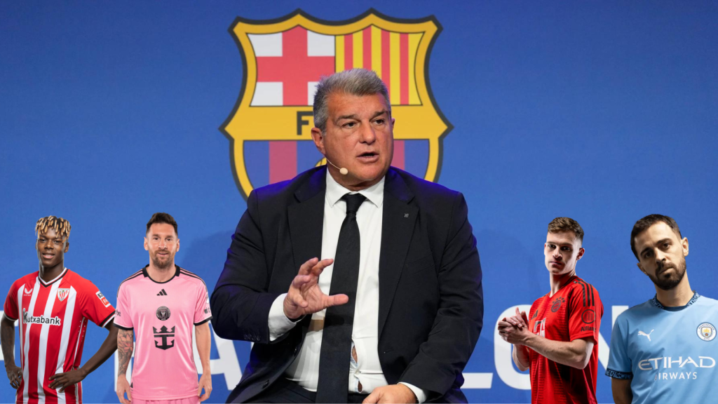 Joan Laporta, en un montaje con Nico Williams, Leo Messi, Joshua Kimmich y Bernardo Silva