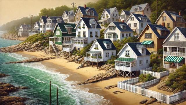 Simulación de casitas blancas a pie de playa