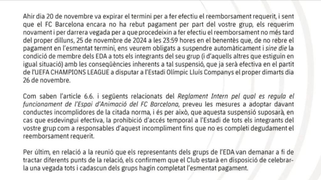 Comunicat del Barça enviat als membres de la Grada d'Animació en què s'amença amb la dissolució del col·lectiu