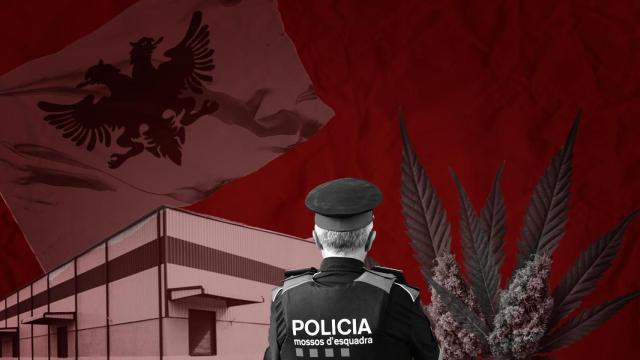 Fotomontaje de un agente de Mossos ante una nave de plantación de marihuana