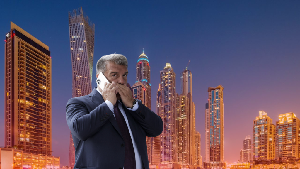 El president del Barça, Joan Laporta, en un muntatge amb la ciutat de Dubai