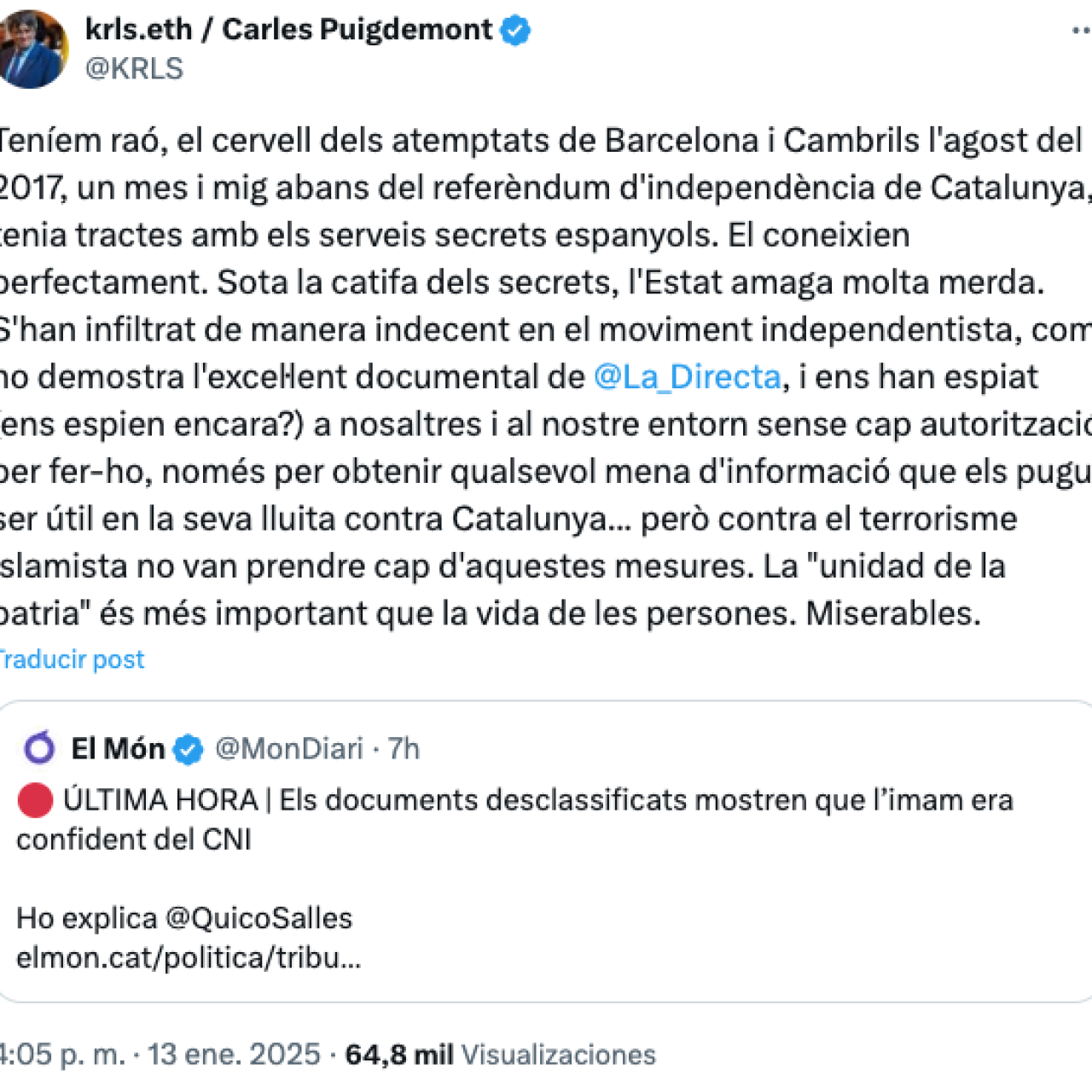Puigdemont, criticando al Estado y al CNI