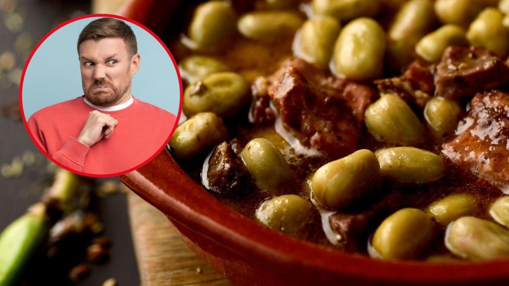 Fotomontaje habas a la catalana y persona con cara de repulsión