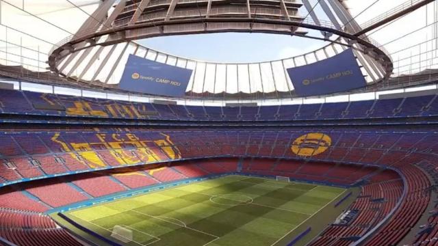 Un render del nuevo Camp Nou con los tres videomarcadores
