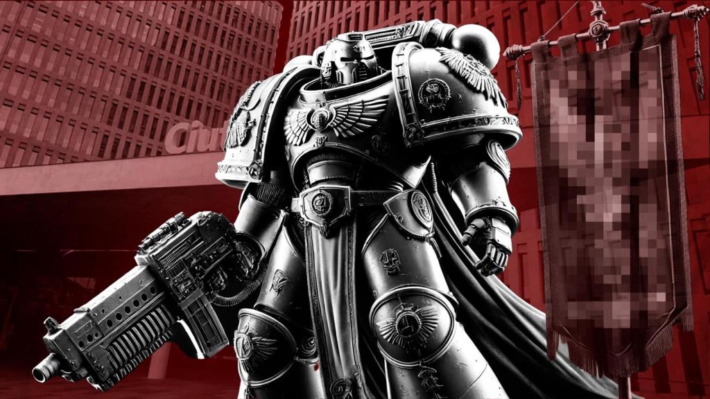 Figura de Warhammer 40k con la Ciutat de la Justicia de fondo