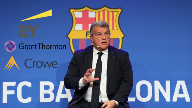 Joan Laporta y las auditoras Ernst & Young, Grant Thornton y Crowe, en un montaje