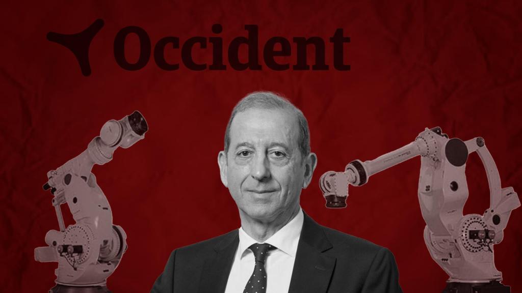 Juan Closa, consejero delegado de Occident, el logo de la aseguradora y dos brazos robóticos
