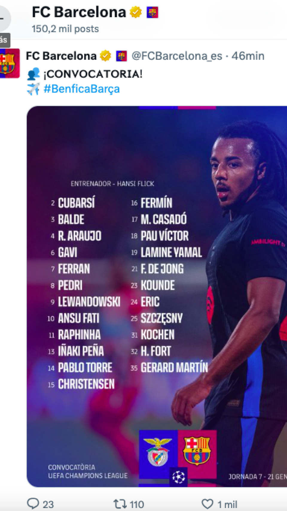 Convocatoria de Flick para el Benfica-Barça