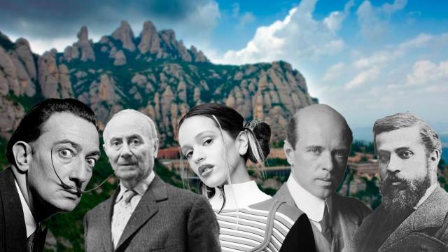 Imágenes de Dalí, Miró, Rosalía, Pau Casals y Gaudí con Montserrat de fondo