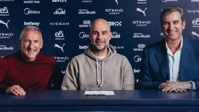 Txiki Begiristain, Pep Guardiola y Ferran Soriano, durante un acto del Manchester City