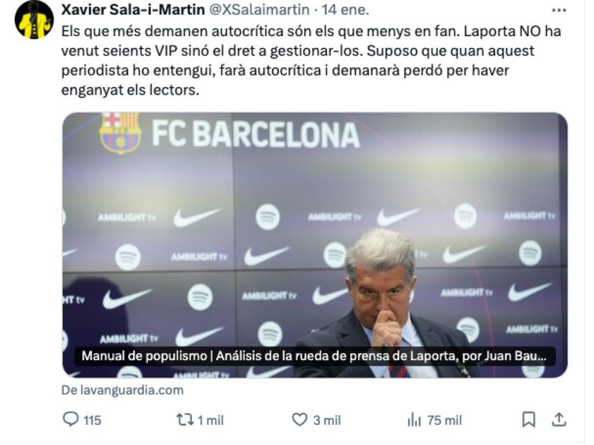 Tuit de Sala i Martín dirigido a Joanjo Pallàs